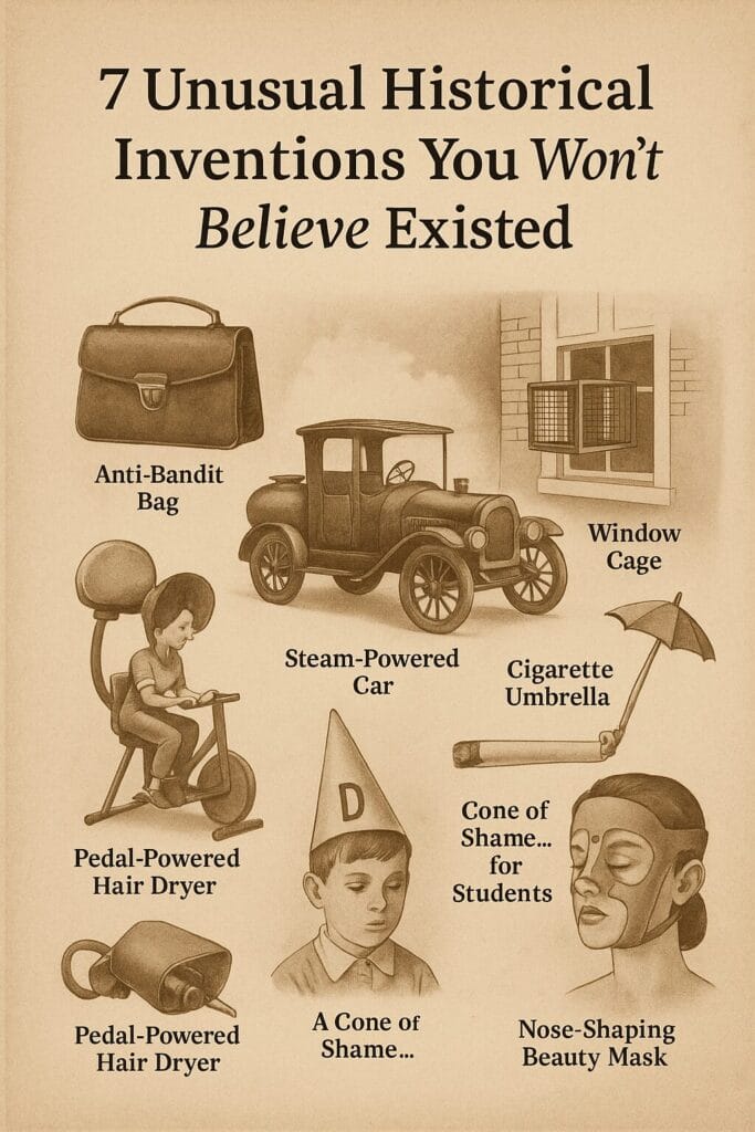 A sepia-toned collage for the article 7 Unusual Historical Inventions You Won’t Believe Existed, featuring vintage contraptions like early beauty devices, steam cars, and quirky mechanical gadgets.