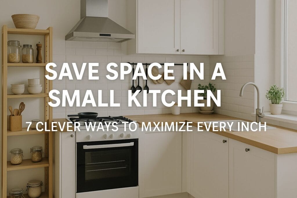 Want to save space in a small kitchen? Image illustrating practical ways to maximize every inch with smart storage, lighting tricks, multi-functional furniture, and decluttering strategies. 