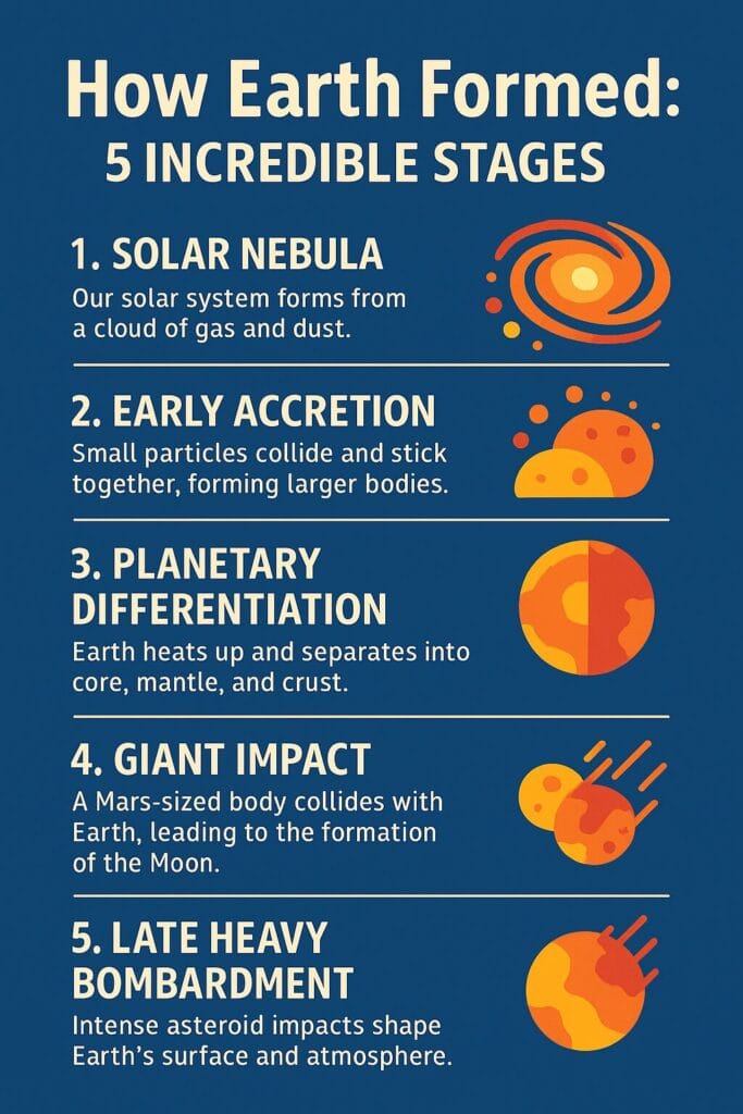 An educational infographic titled ‘How Earth Formed: 5 Incredible Stages That Shaped Our Planet,’ illustrating the formation of Earth through five stages including accretion, differentiation, atmosphere formation, ocean development, and the emergence of life.
