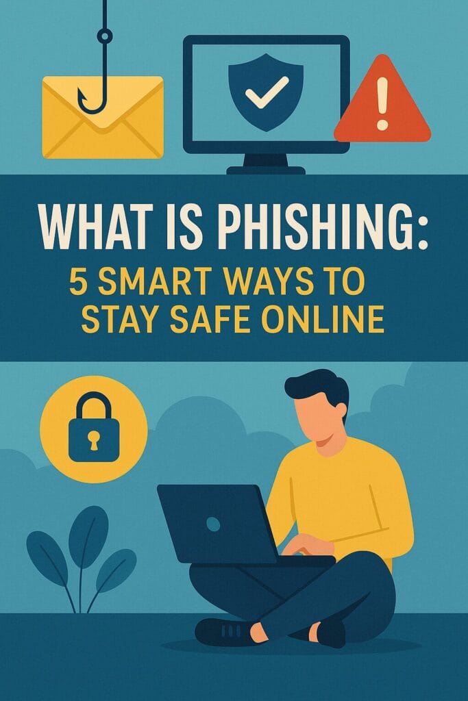 Educational illustration showing computer and phone with phishing warning for article ‘What Is Phishing: 5 Smart Ways to Spot and Stop Online Scams.