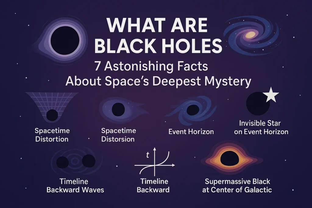 Illustration showing a glowing black hole surrounded by swirling stars and cosmic light — visual for the article explaining what are black holes and seven astonishing facts about space’s deepest mystery.