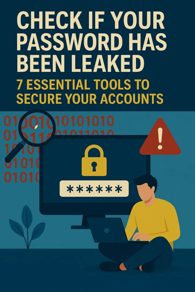 Illustration of a person sitting with a laptop beside a large monitor displaying a password field and lock icon, surrounded by binary code, a magnifying glass, and a red warning sign. The headline reads “Check if Your Password Has Been Leaked: 7 Essential Tools to Secure Your Accounts.” The design uses blue and yellow tones in a clean flat tech-style layout.