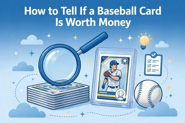 Illustration of a stack of baseball cards with a magnifying glass and a rookie card in a protective case