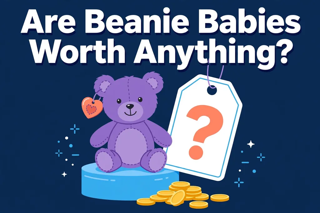 Illustration of a purple plush bear on a pedestal with a heart tag and an oversized price tag with a question mark