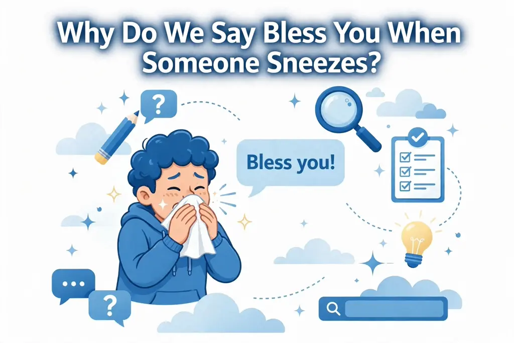 Illustration of a person sneezing into a tissue with a Bless you speech bubble