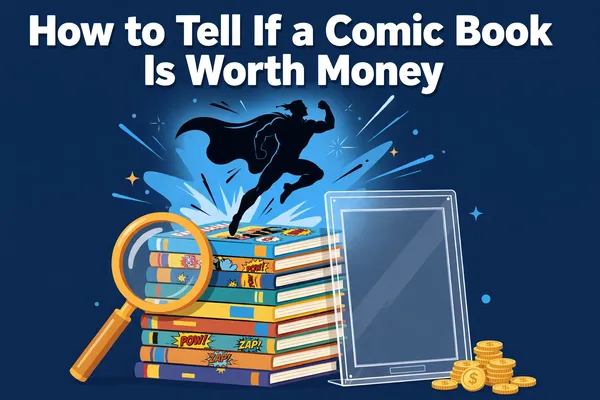 Illustration of a stack of comic books with a superhero silhouette, magnifying glass, and a graded comic slab