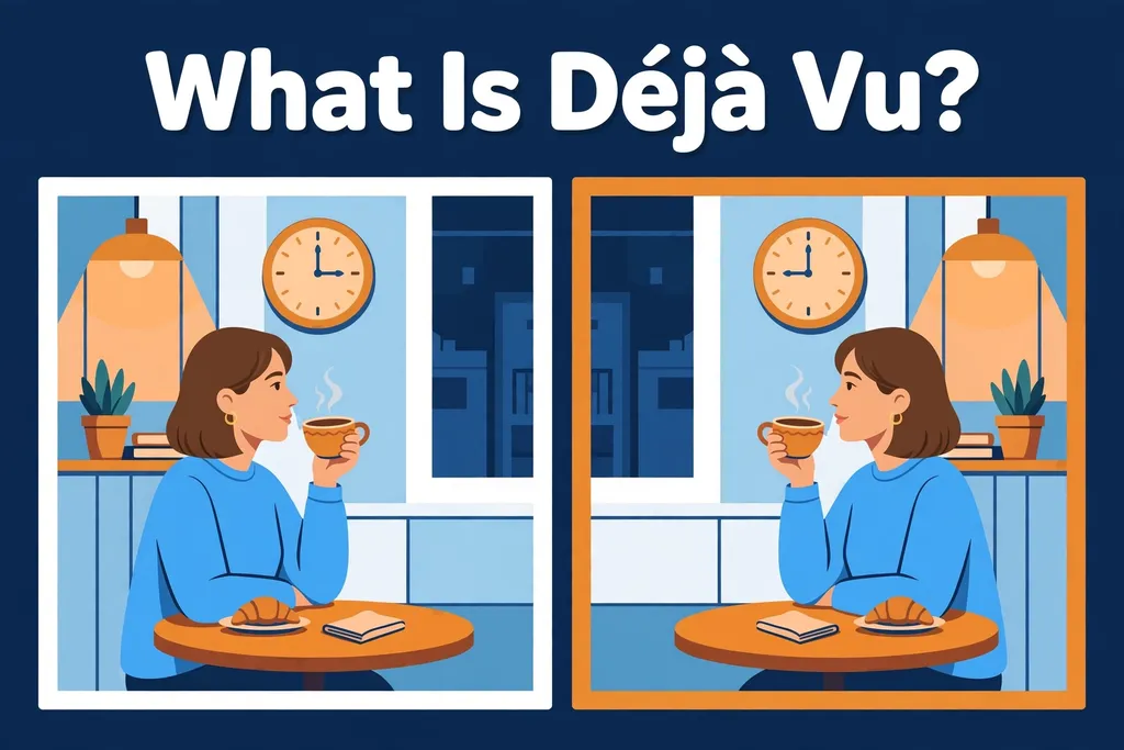 Illustration of the same woman in the same cafe shown twice in mirrored panels