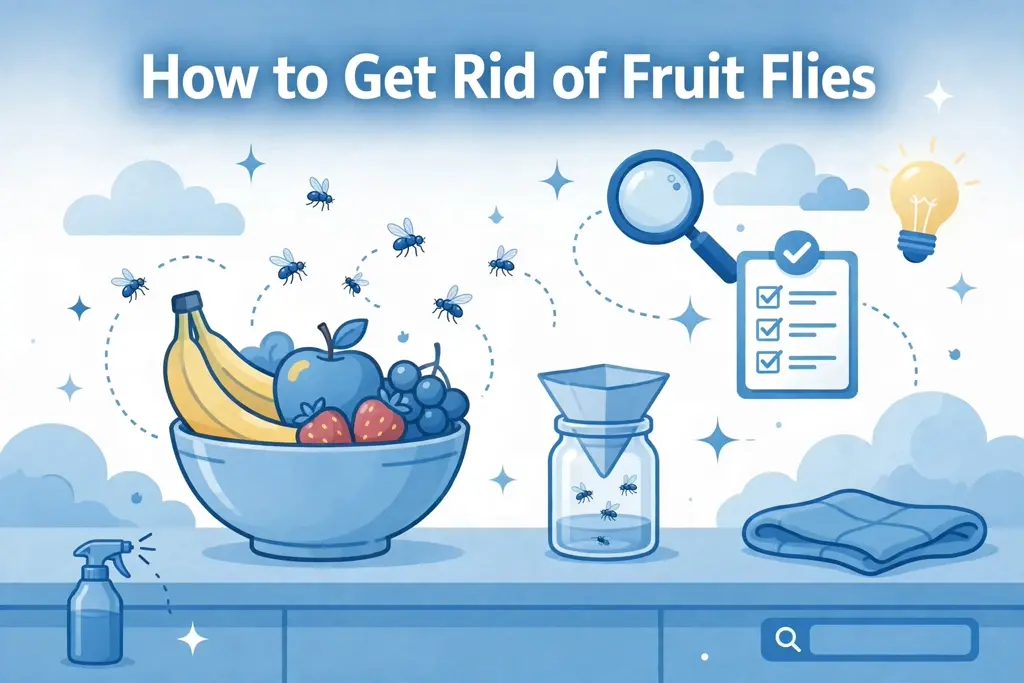 Illustration of a fruit bowl with tiny flies and a jar trap on a kitchen counter