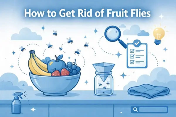 Illustration of a fruit bowl with tiny flies and a jar trap on a kitchen counter