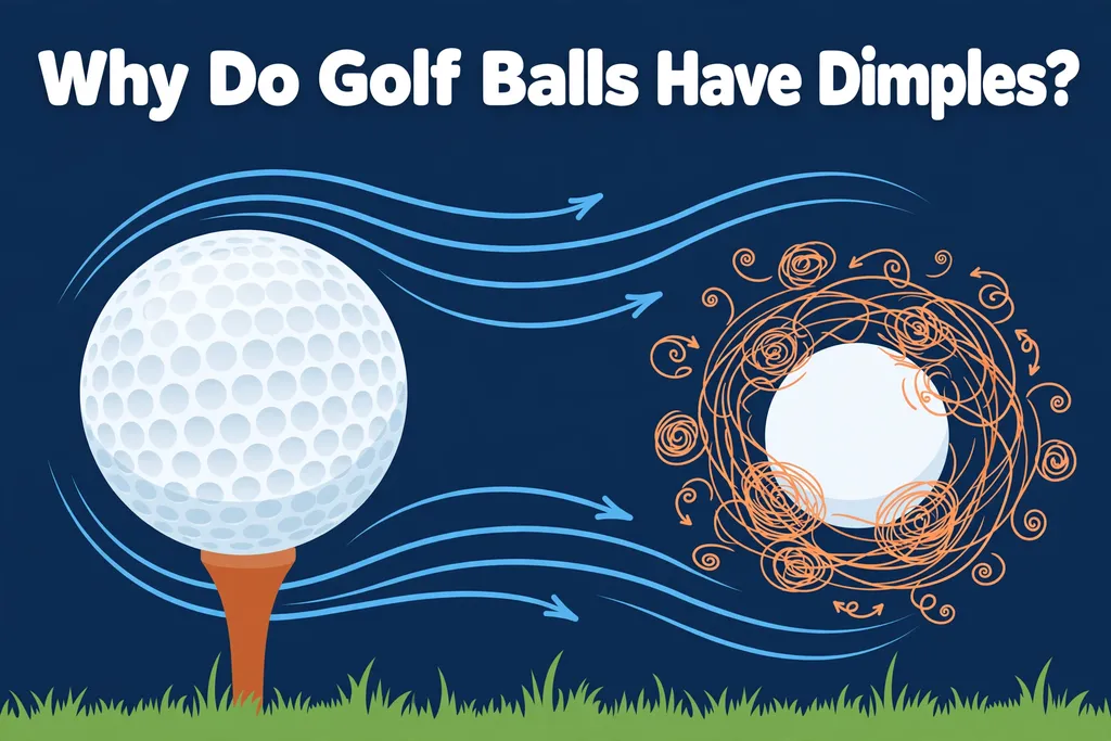 Illustration of a dimpled golf ball with smooth airflow lines beside a smooth ball surrounded by tangled air