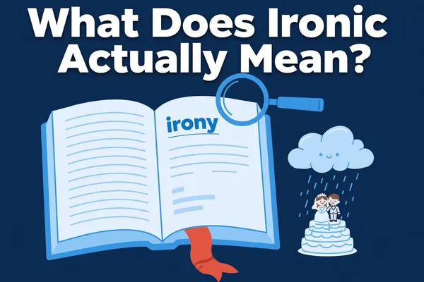 Illustration of an open dictionary at the word irony with a magnifying glass and a tiny rain cloud over a wedding cake