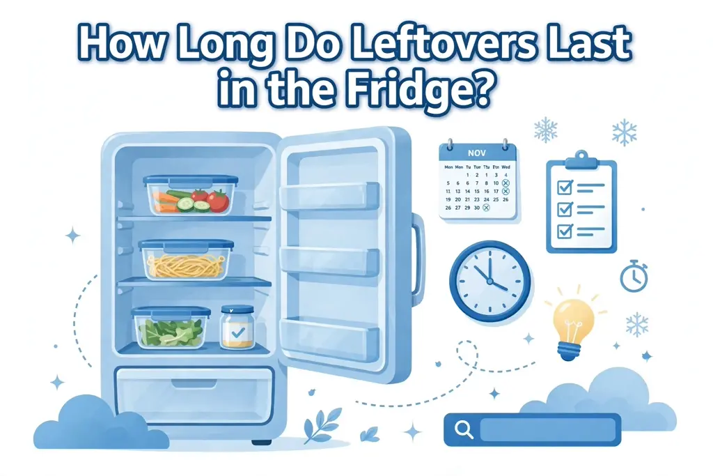 Illustration of an open refrigerator with covered leftover containers, a calendar, and a clock