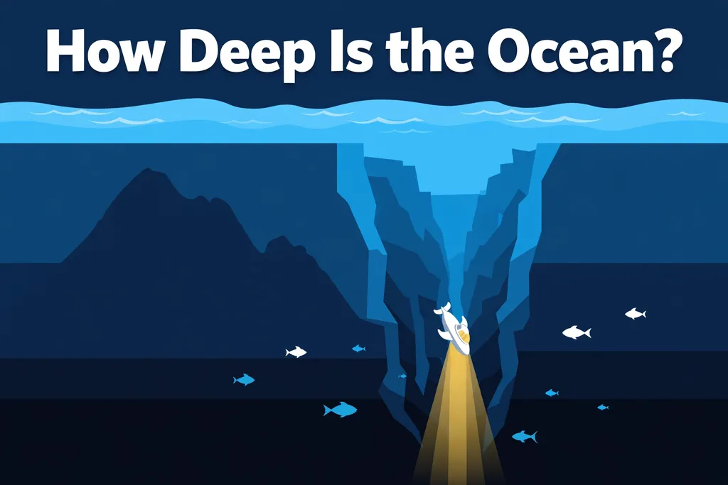 Illustration of a deep ocean trench cross-section with a submersible descending and a submerged mountain