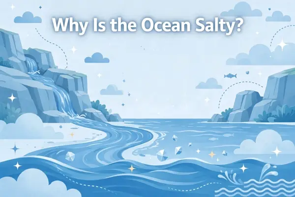 Illustration of a river flowing from rocky cliffs into the ocean with sparkling salt crystals