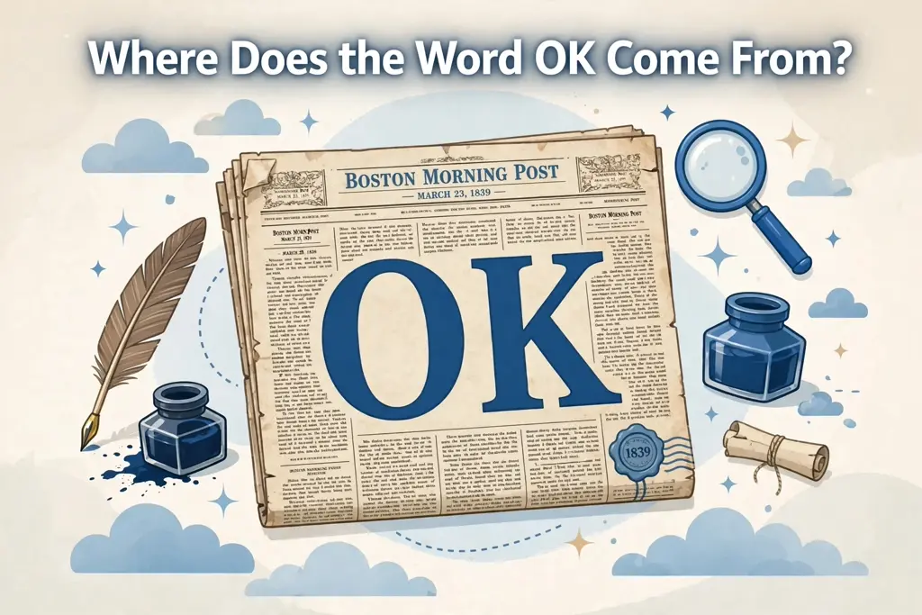 Illustration of the Boston Morning Post newspaper from March 23, 1839 with giant OK letters