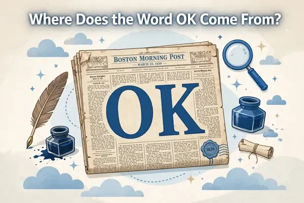 Illustration of the Boston Morning Post newspaper from March 23, 1839 with giant OK letters