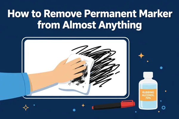 Illustration of a hand wiping a marker scribble off a whiteboard beside a bottle of rubbing alcohol