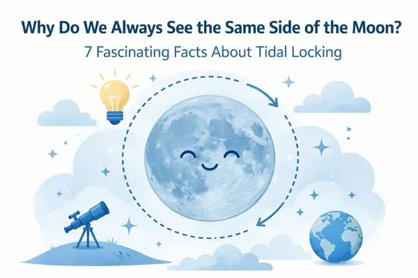 Illustration of the Moon keeping the same cratered face toward Earth, with a dotted orbit path and a telescope on a hill