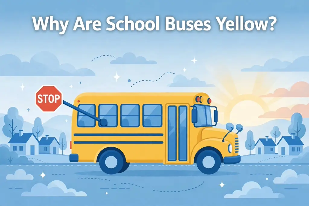 Illustration of a yellow school bus with its stop sign out at sunrise