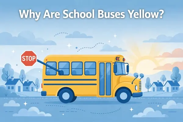Illustration of a yellow school bus with its stop sign out at sunrise