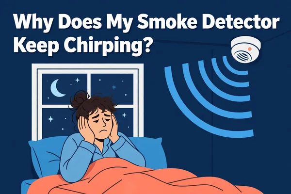 Illustration of a person in bed at night covering their ears under a chirping ceiling smoke detector